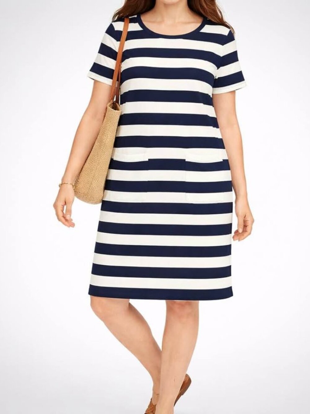 L.L. Bean Preppy Navy Striped Knee Length Short Sleeve Coastal Dress [size L]